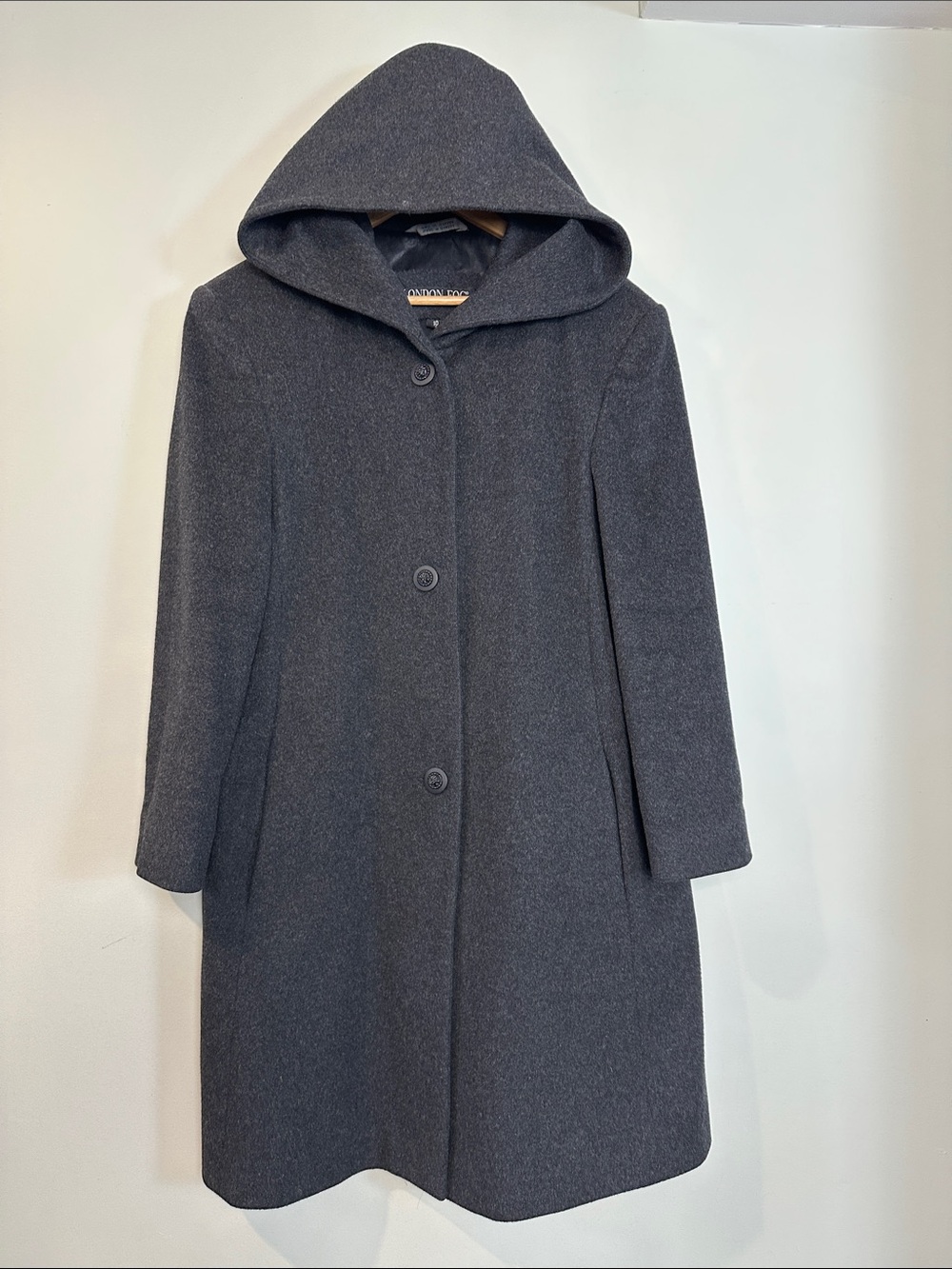 London Fog Wool Coat Made In Canada dark gray button up hooded womens vintage